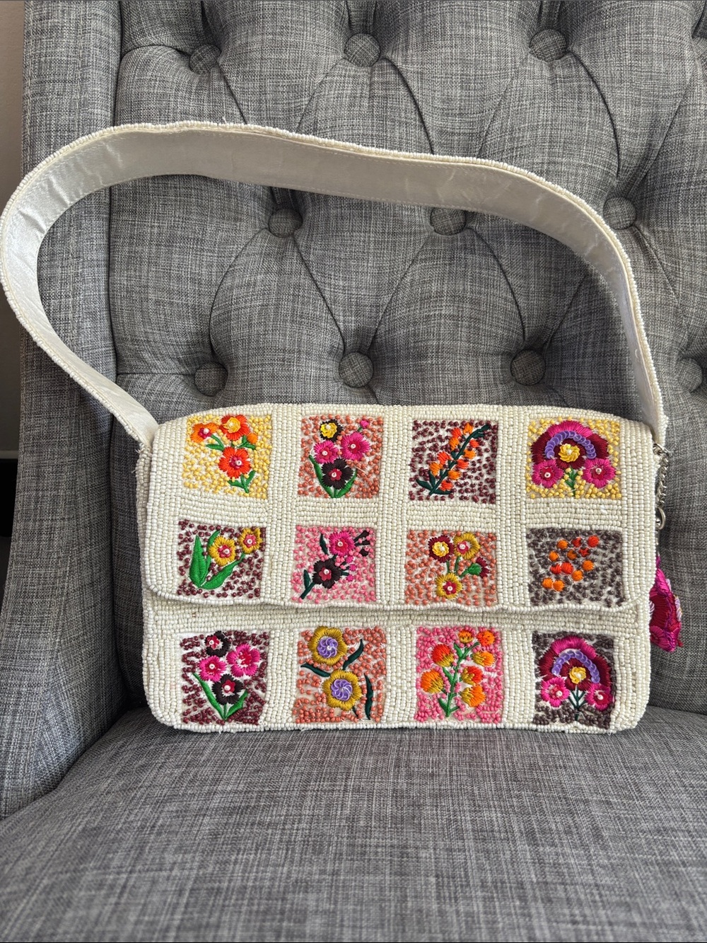 Hand-Embroidered Floral Shoulder Bag — Cream with Multicolor Accents